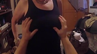 Cougar's BIG Boobs getting GROPED in a tight black dress