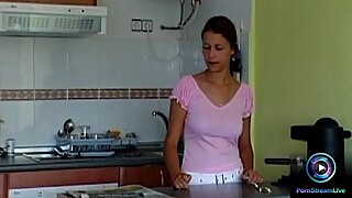 Busty housewife giving a sensual blowjob to her husband